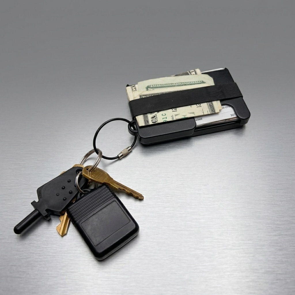 Dorm keys attached to the integrated key holder on the Metal Brik wallet